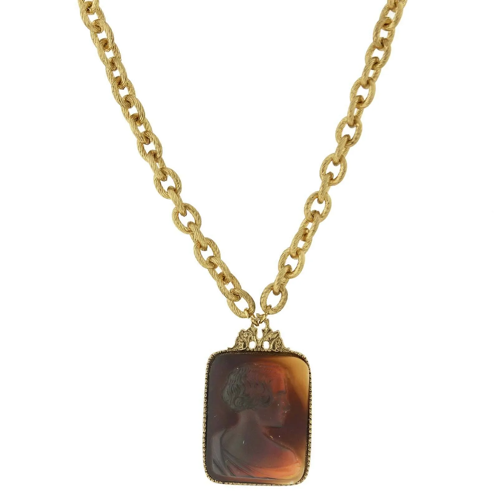 2028 Jewelry Tortoise Intaglio Victorian Glass Square Pendant Necklace 18"   3" Extender 1928 Jewelry