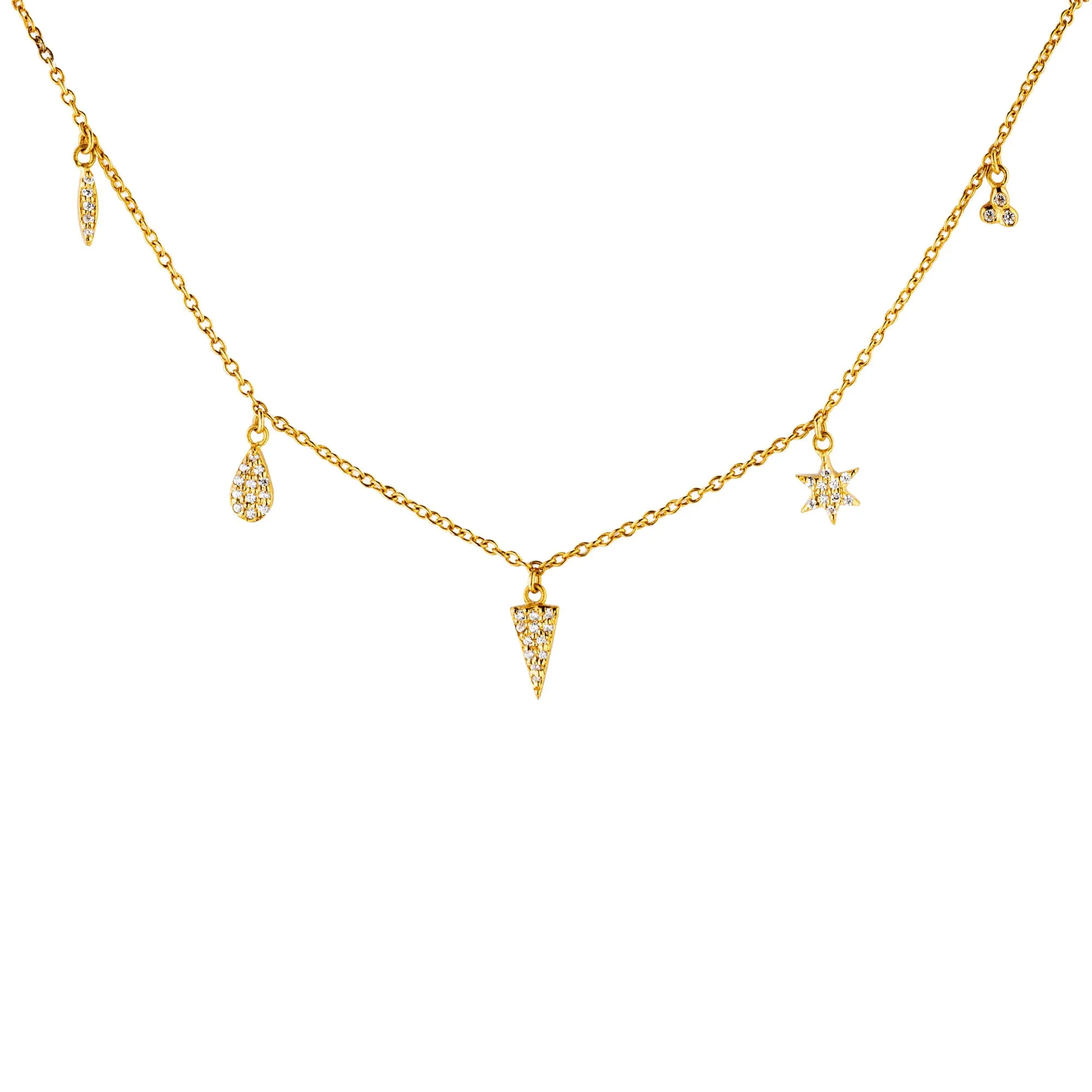 5 Charm Gold Plated Necklace w. Zirconia