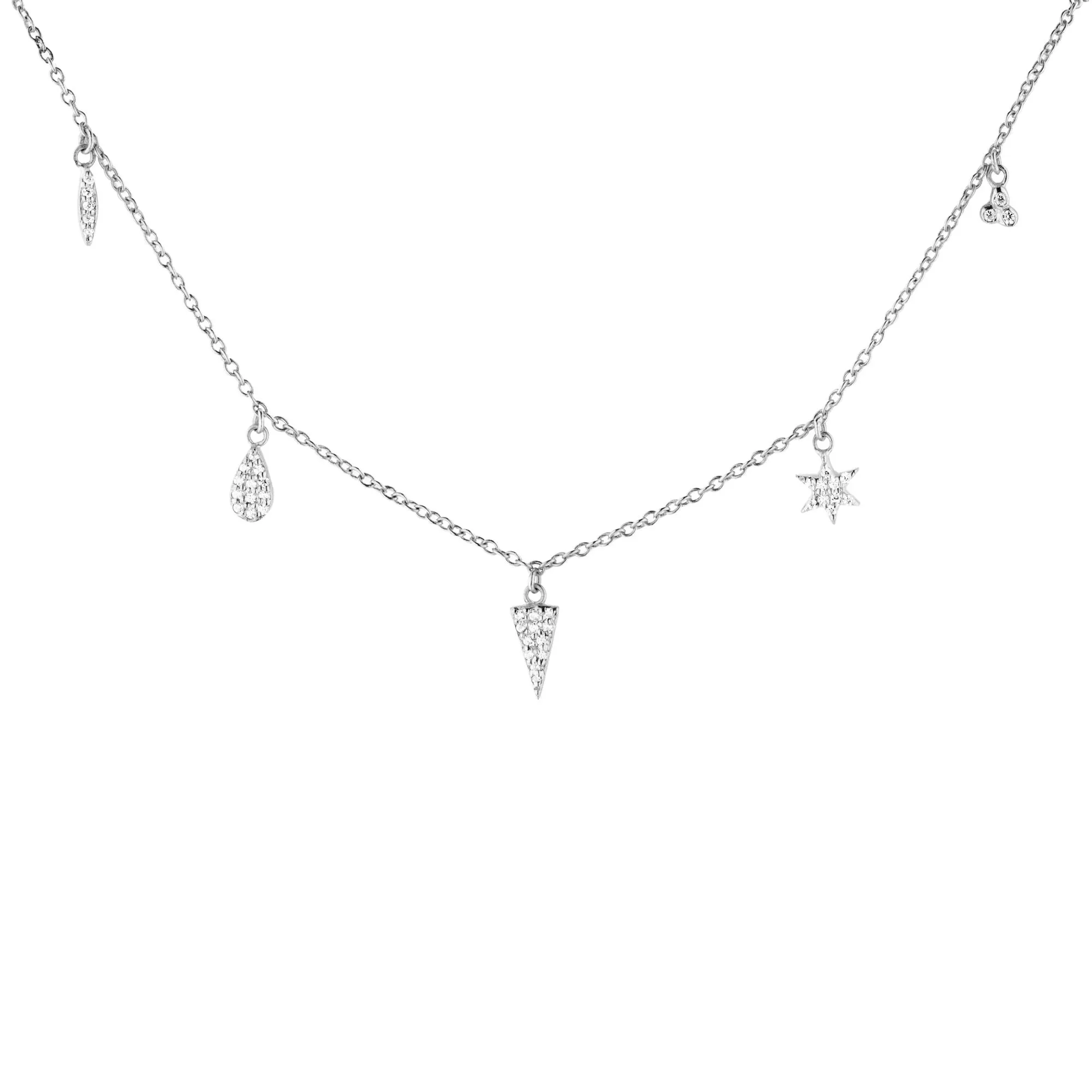 5 Charm White Rhodium on Silver Necklace w. Zirconia