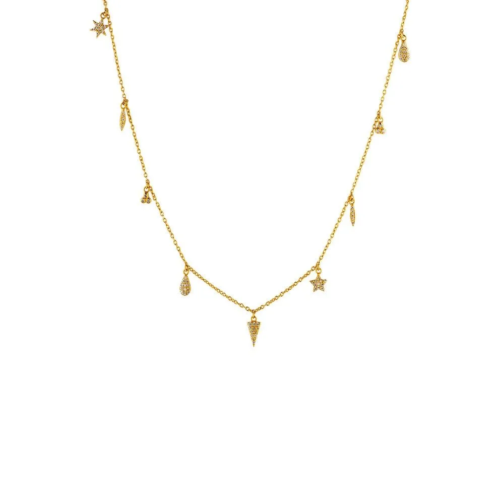 9 Charm Gold Plated Necklace w. Zirconia