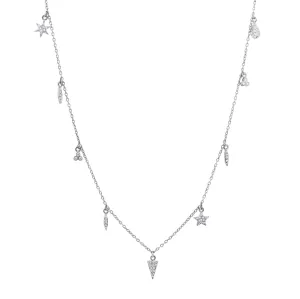 9 Charm White Rhodium on Silver Necklace w. Zirconia