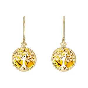 9ct Yellow Gold Amber Round Tree of Life Drop Earrings