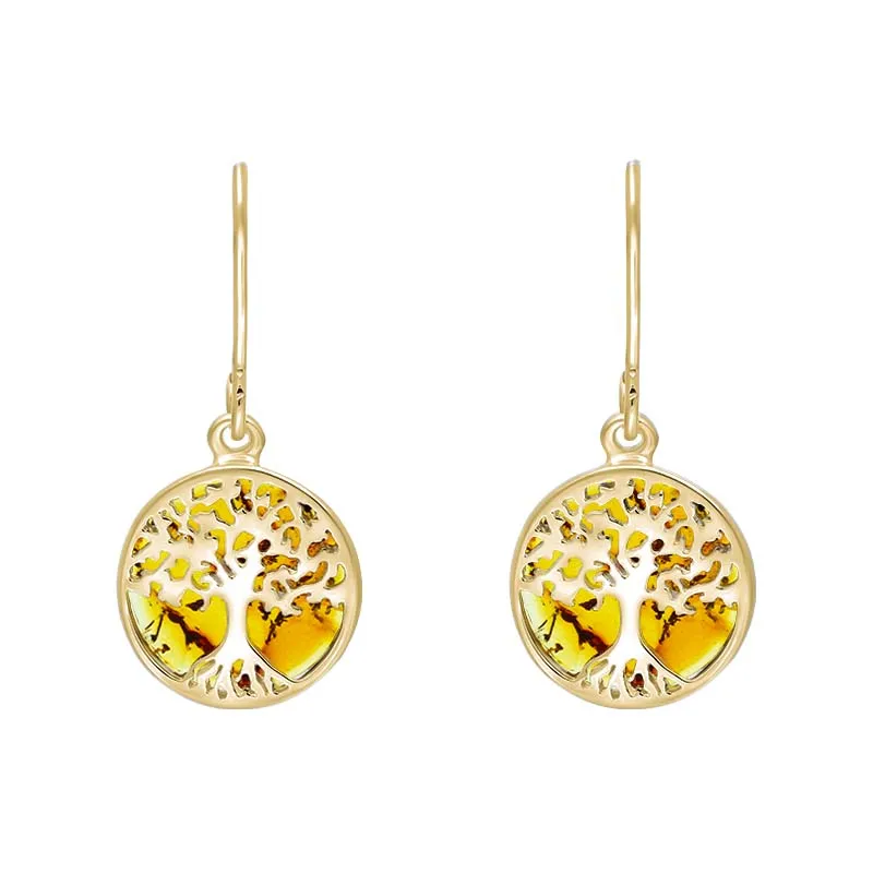 9ct Yellow Gold Amber Round Tree of Life Drop Earrings