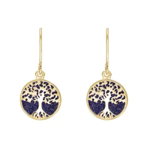 9ct Yellow Gold Blue Goldstone Round Tree of Life Drop Earrings