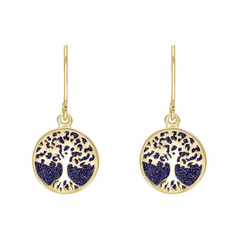 9ct Yellow Gold Blue Goldstone Round Tree of Life Drop Earrings
