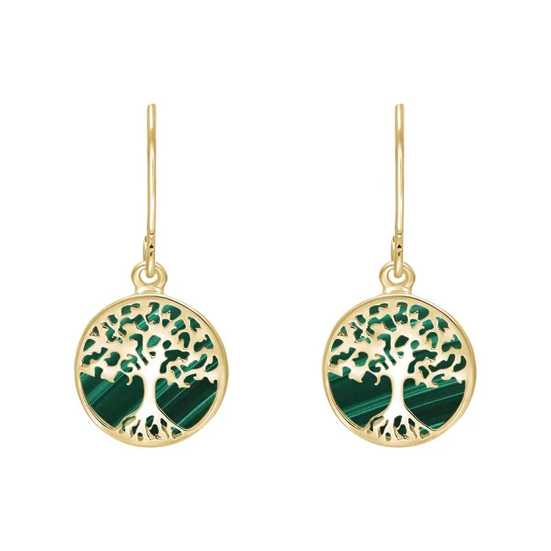 9ct Yellow Gold Malachite Round Tree of Life Drop Earrings