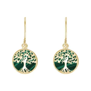 9ct Yellow Gold Malachite Round Tree of Life Drop Earrings