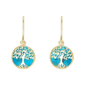 9ct Yellow Gold Turquoise Round Tree of Life Drop Earrings