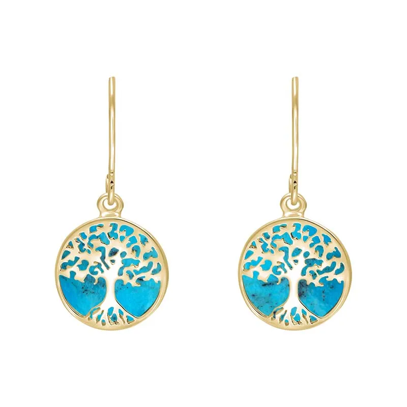 9ct Yellow Gold Turquoise Round Tree of Life Drop Earrings