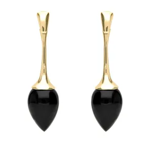 9ct Yellow Gold Whitby Jet Long Flute Pear Drop Earrings