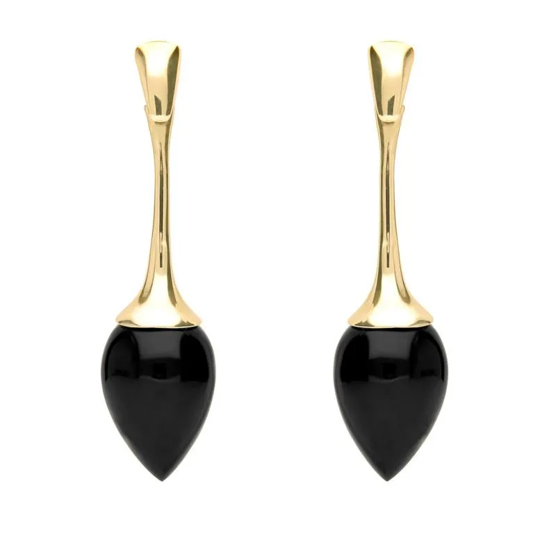 9ct Yellow Gold Whitby Jet Long Flute Pear Drop Earrings