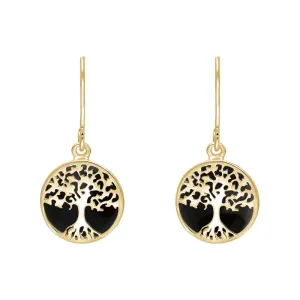 9ct Yellow Gold Whitby Jet Round Tree of Life Drop Earrings