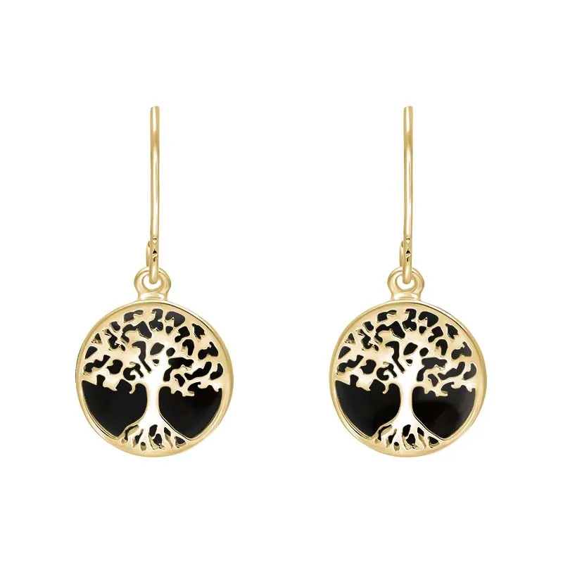 9ct Yellow Gold Whitby Jet Round Tree of Life Drop Earrings