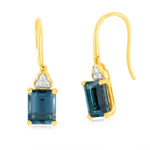 9ct Yellow White Gold 5.6ct London Blue Topaz Emerald Cut with 1/10 Carat Diamond Drop Earrings Shiels