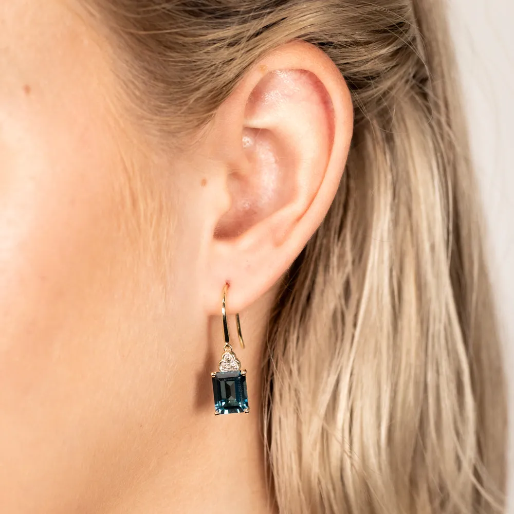 9ct Yellow White Gold 5.6ct London Blue Topaz Emerald Cut with 1/10 Carat Diamond Drop Earrings Shiels
