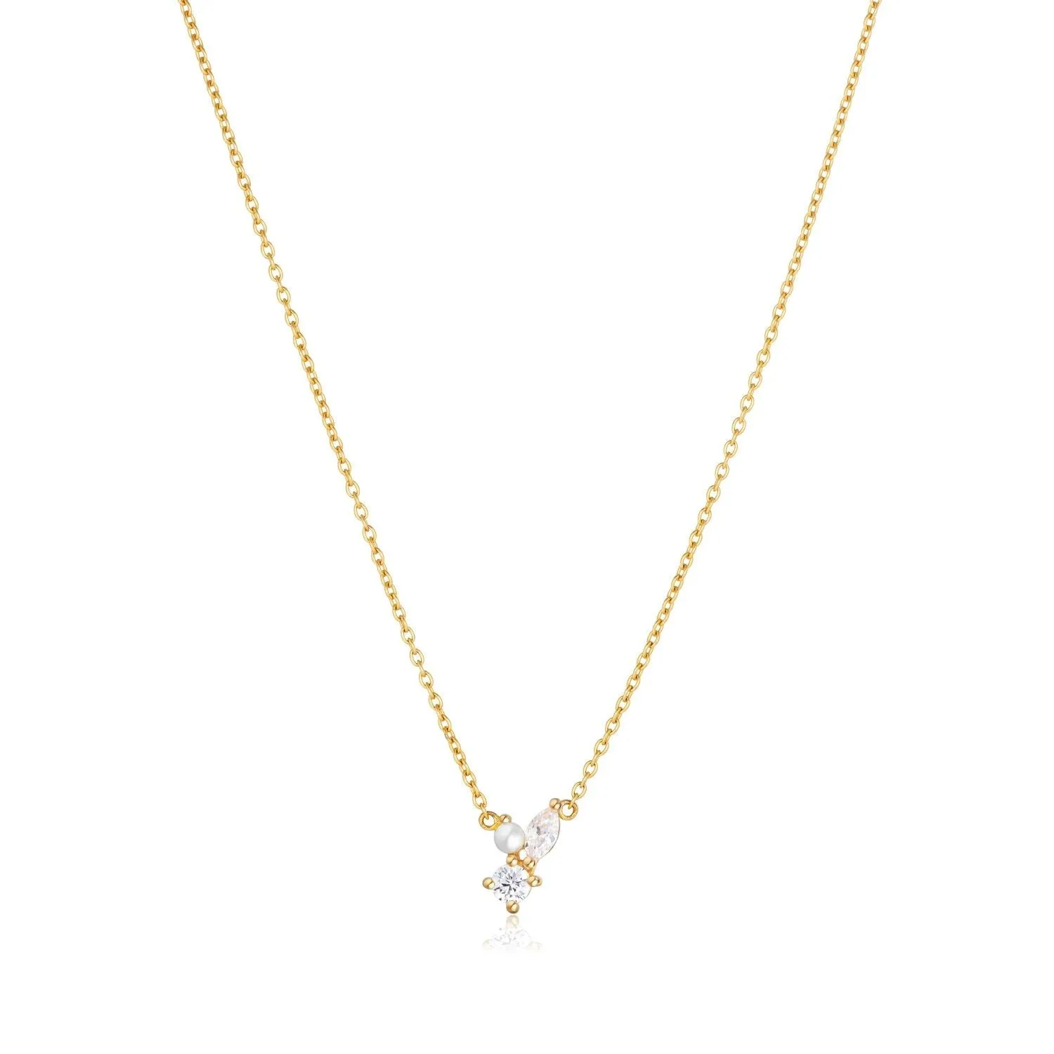 Adria Tre Piccolo Gold Plated Necklace w. White Zirconias & Pearl