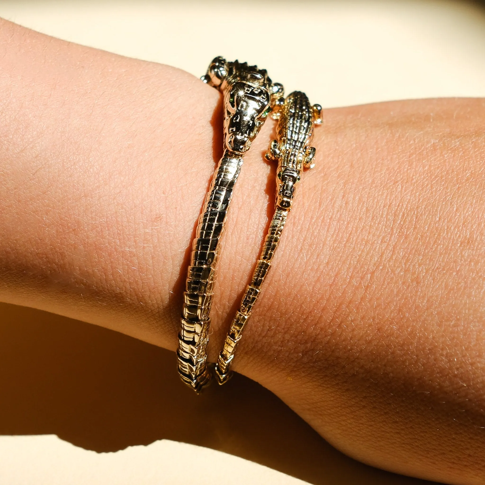 Alligator Wrap Thin 18K Gold Bracelet w. Tsavorite