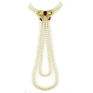 Antiquities Couture 6mm Faux Pearl Strand Red Duo Rope Pendant Necklace 17" 1928 Jewelry