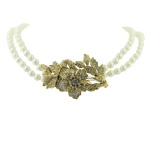 Antiquities Couture 8mm Faux Pearl Strand With Crystal Double Strand Flower Pendant Necklace 44" 1928 Jewelry