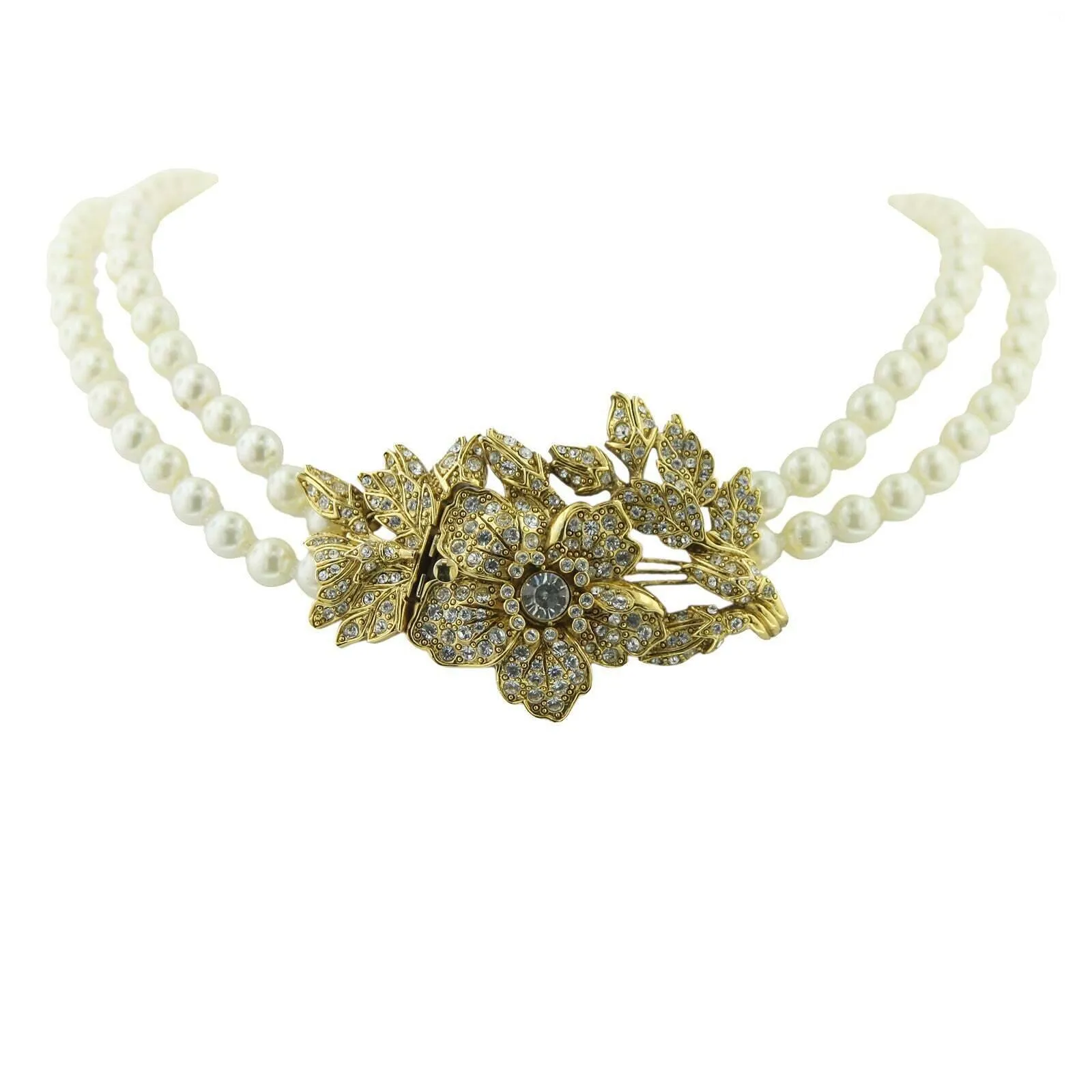 Antiquities Couture 8mm Faux Pearl Strand With Crystal Double Strand Flower Pendant Necklace 44" 1928 Jewelry
