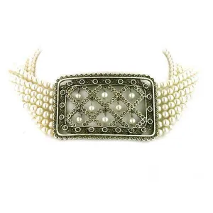 Antiquities Couture Alexandra Silver Marcasite 5mm Faux Pearl Strand Collar Necklace 12"   3" Extender 1928 Jewelry