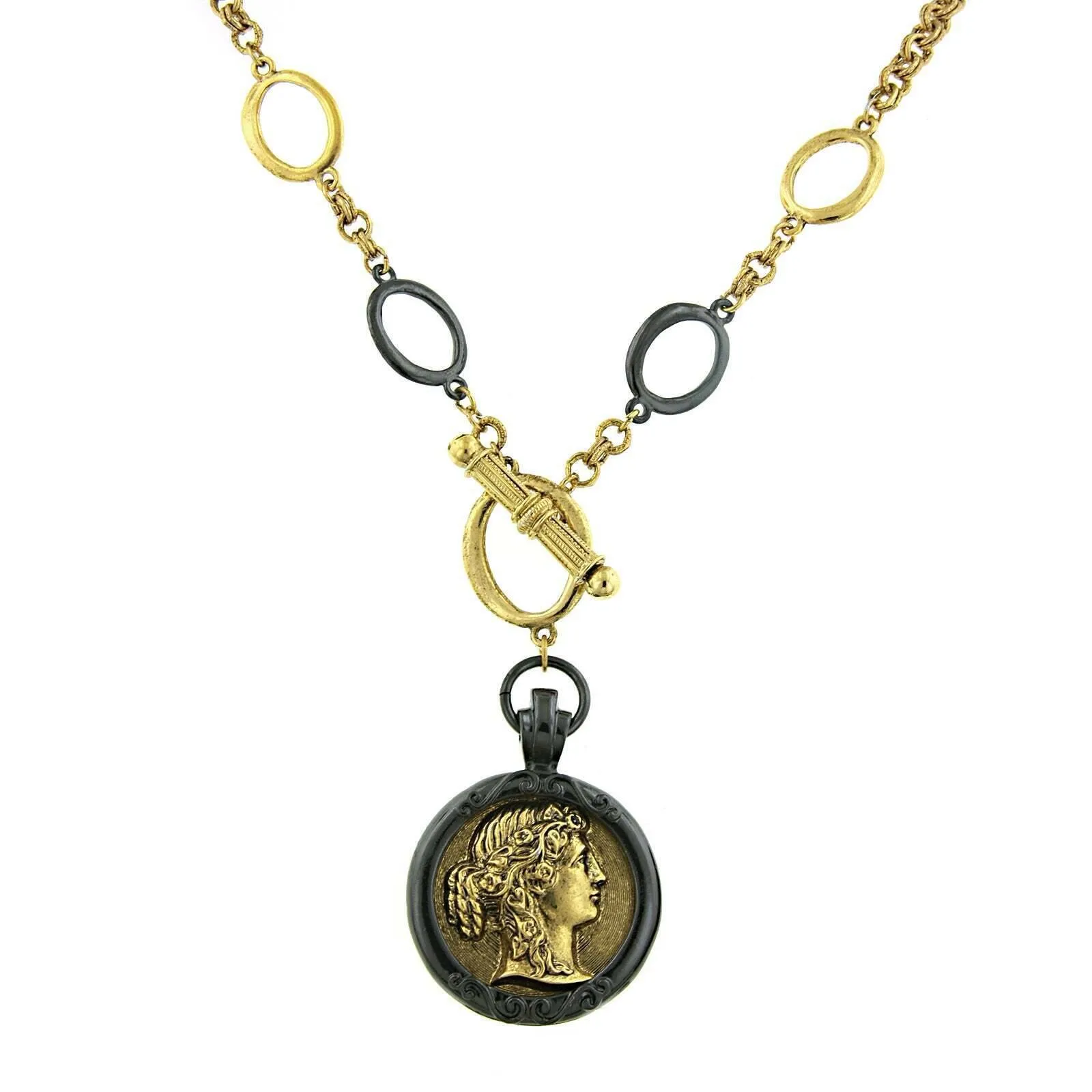 Antiquities Couture Black And Gold Grecian Cameo Pendant Necklace 18" 1928 Jewelry