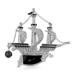 Antiquities Couture Black Enamel Crystal And Black Faux Pearl Galleon Ship Pin 1928 Jewelry