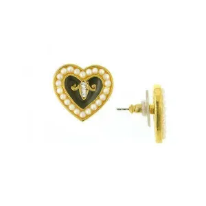 Antiquities Couture Black Enamel With Faux Pearl Crystal Hearts Post Earrings 1928 Jewelry