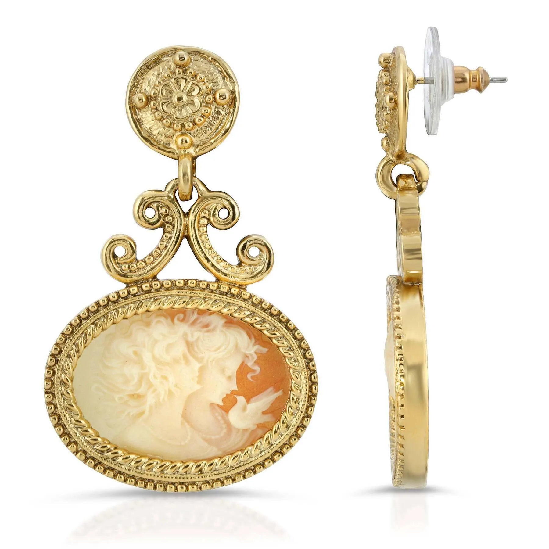 Antiquities Couture Carnelian Color Cameo Twin Muse And Bird Drop Earrings 1928 Jewelry