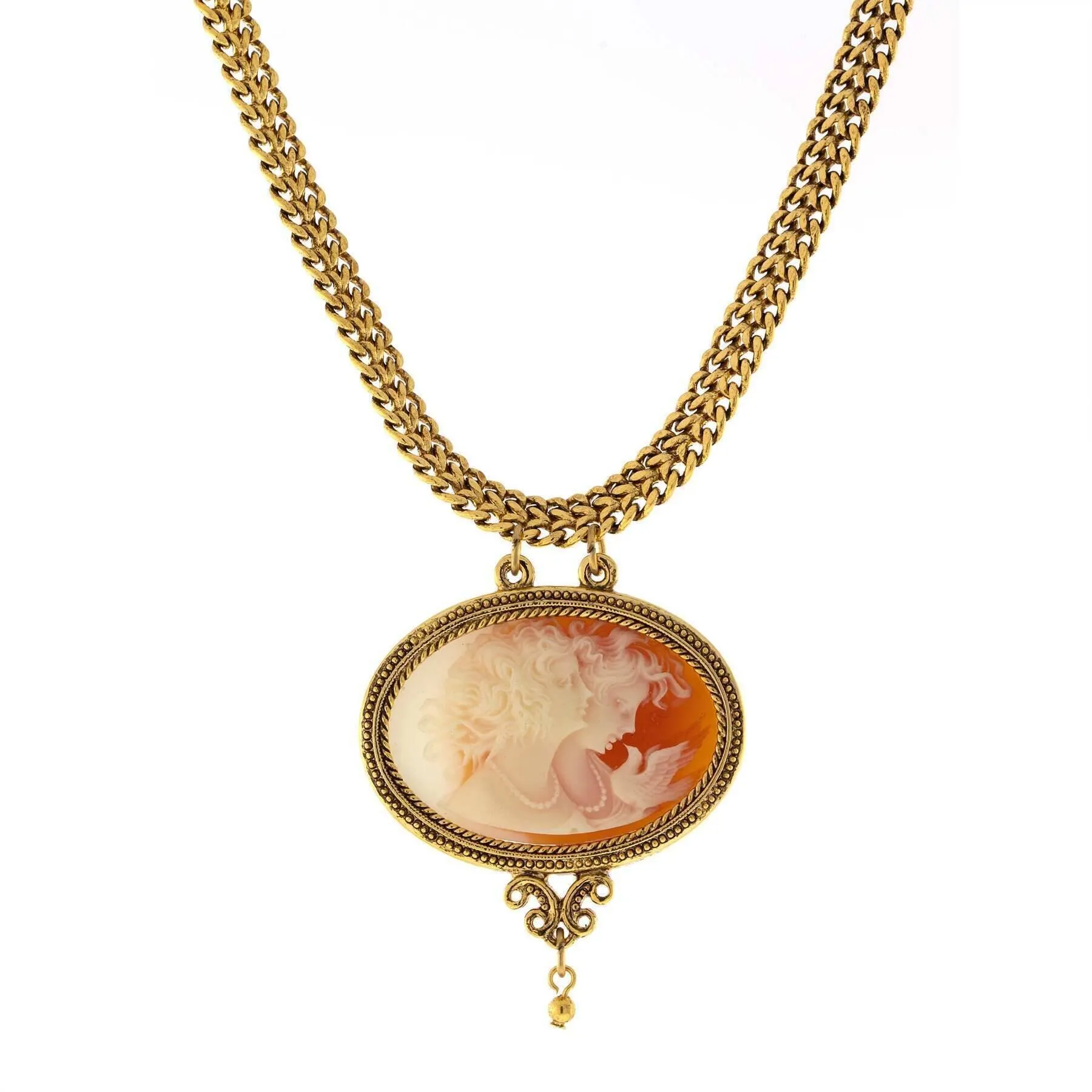 Antiquities Couture Carnelian Red Cameo Twin Muse & Bird Pendant Necklace 17" 1928 Jewelry