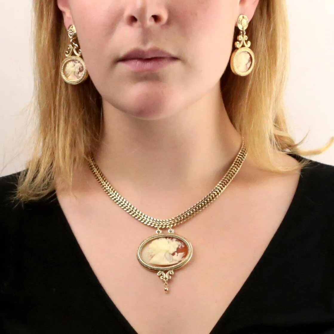 Antiquities Couture Carnelian Red Cameo Twin Muse & Bird Pendant Necklace 17" 1928 Jewelry