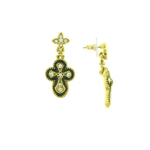 Antiquities Couture Crystal And Black Enamel Gothic Cross Drop Earrings 1928 Jewelry