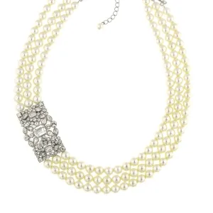 Antiquities Couture Crystal Three Row 8mm Faux Pearl Strand Necklace 16"   3" Extender 1928 Jewelry