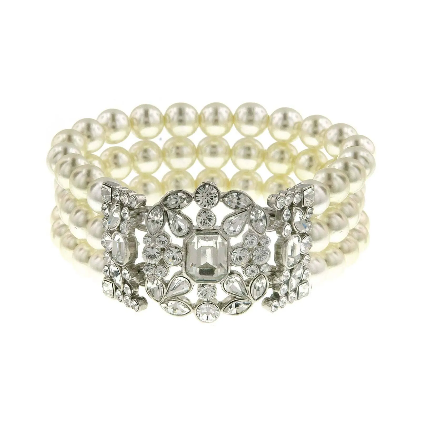 Antiquities Couture Crystal Three Row Faux Pearl Multi Crystal Stretch Bracelet 1928 Jewelry