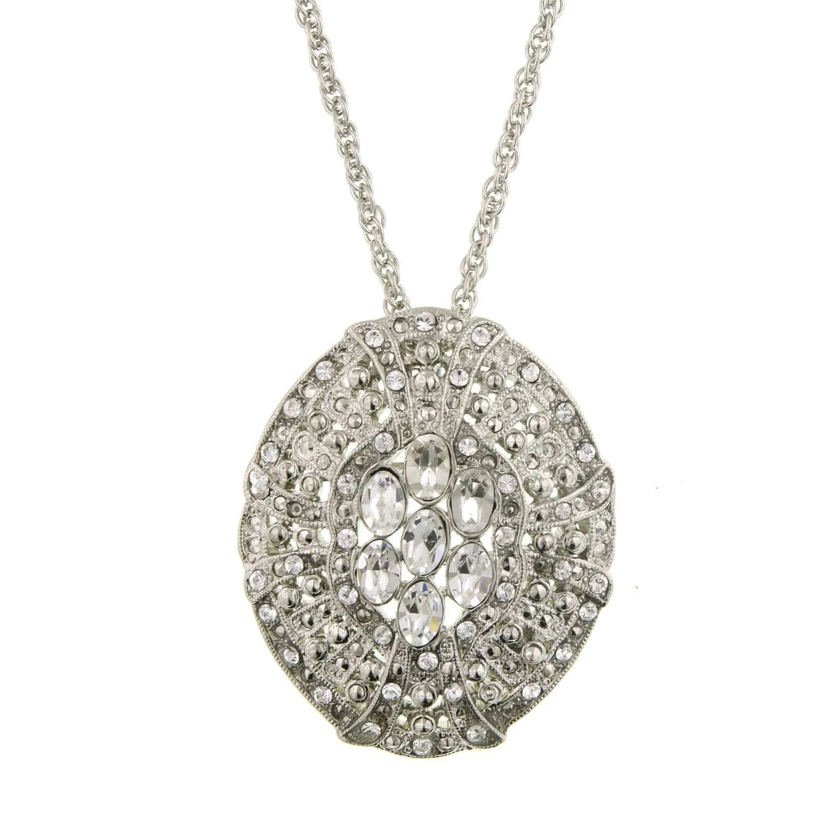 Antiquities Couture Deco Austrian Crystal Oval Pendant Necklace 16"   3" Extender 1928 Jewelry