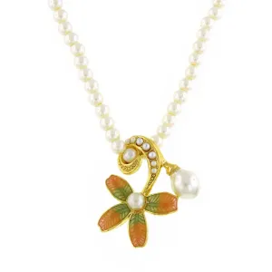 Antiquities Couture Fantasia Fiori 4mm Faux Pearl Strand Floral Pendant Necklace 16"   3" Extender 1928 Jewelry