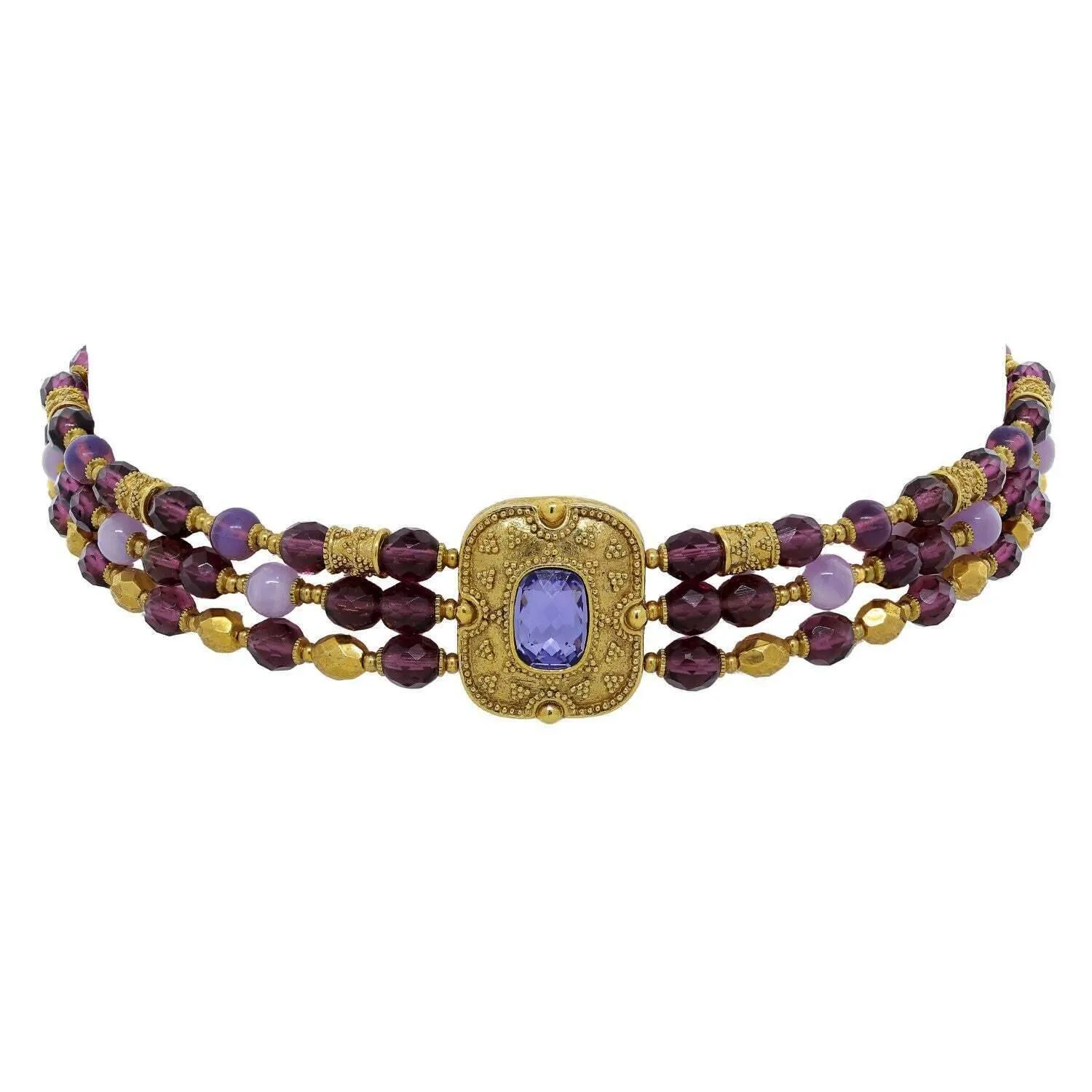Antiquities Couture Genuine Amethyst Triple Beaded Necklace 16"   3" Extension 1928 Jewelry