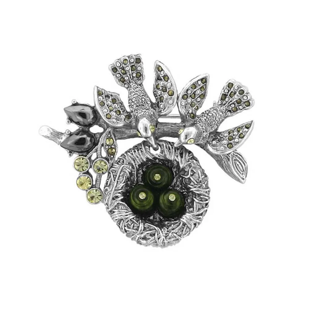 Antiquities Couture Genuine Marcasite Faux Pearl Bird Nest Pin 1928 Jewelry