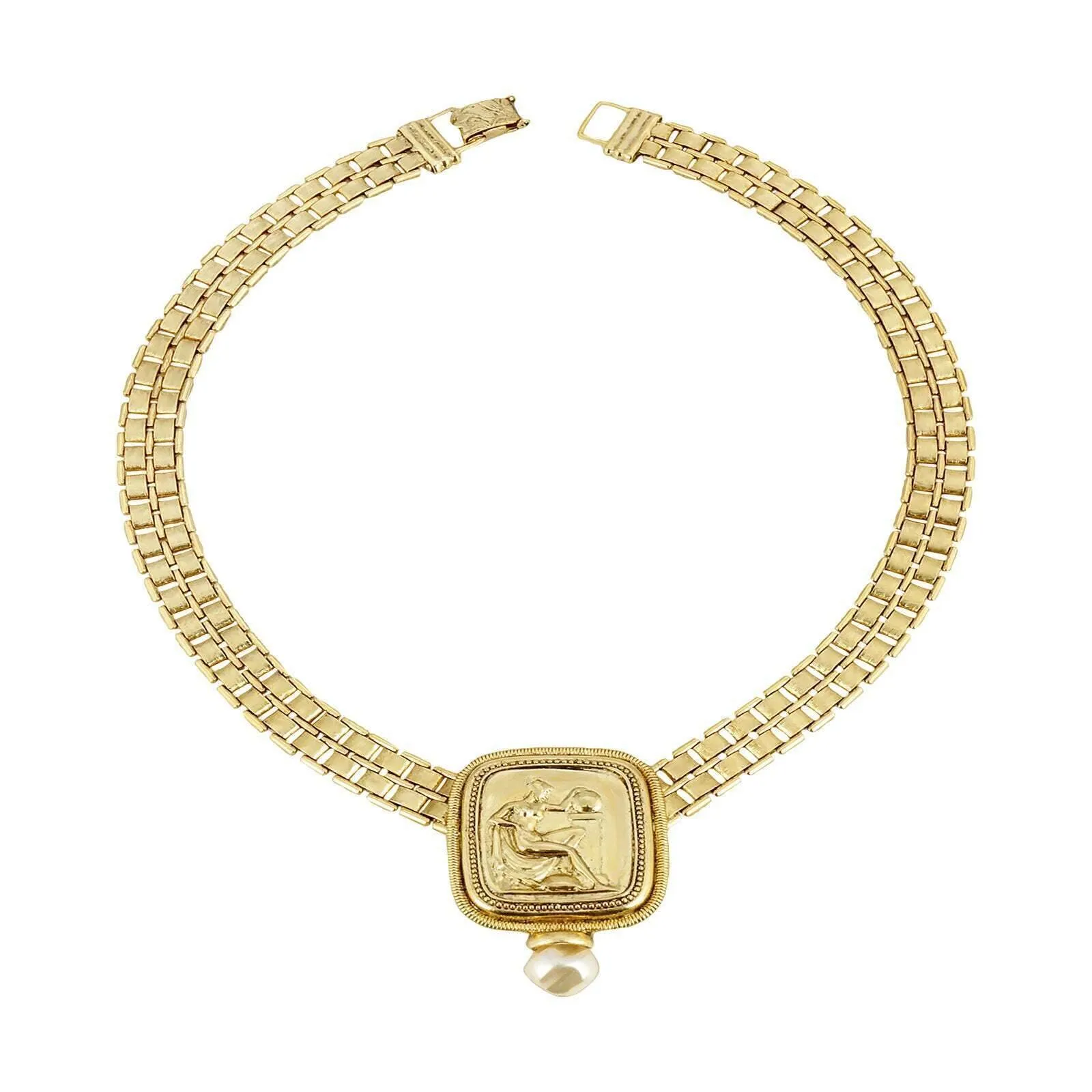 Antiquities Couture Gold Classical Grecian Goddess Faux Pearl Link Necklace 17" 1928 Jewelry