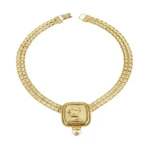Antiquities Couture Gold Classical Grecian Goddess Faux Pearl Link Necklace 17" 1928 Jewelry