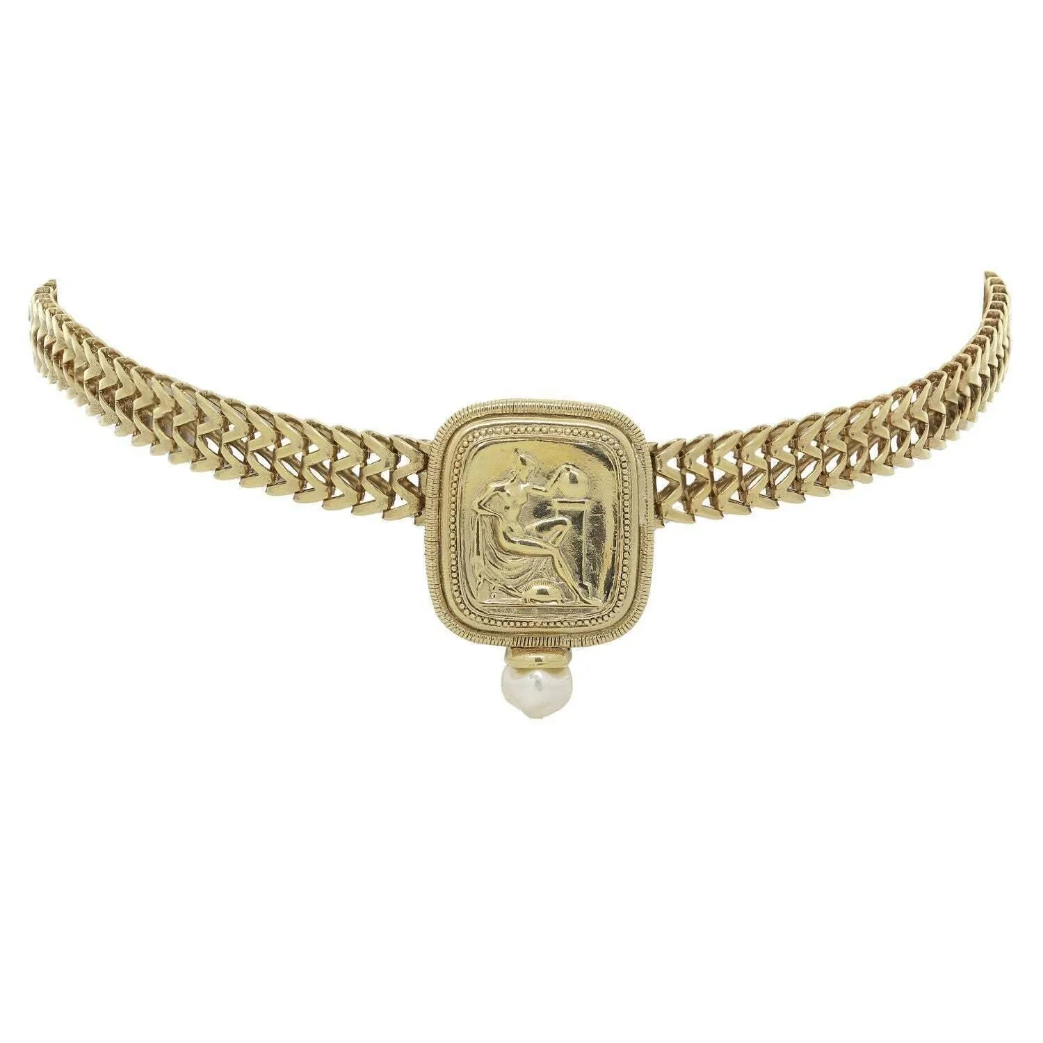 Antiquities Couture Gold Classical Grecian Goddess Faux Pearl Link Necklace 17" 1928 Jewelry