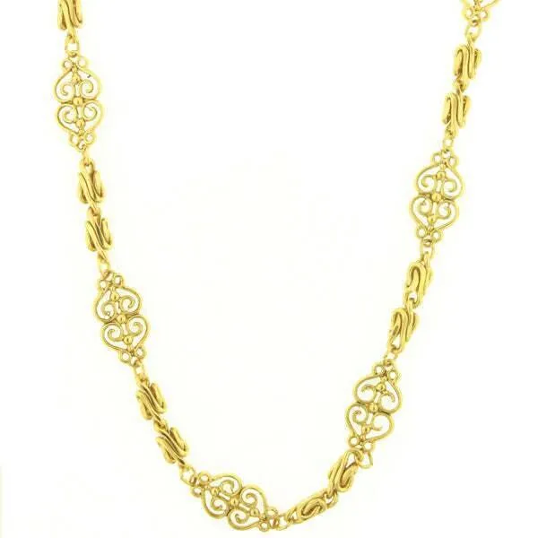 Antiquities Couture Gold Scrollwork Heart Filigree Chain Rope Necklace 46" 1928 Jewelry