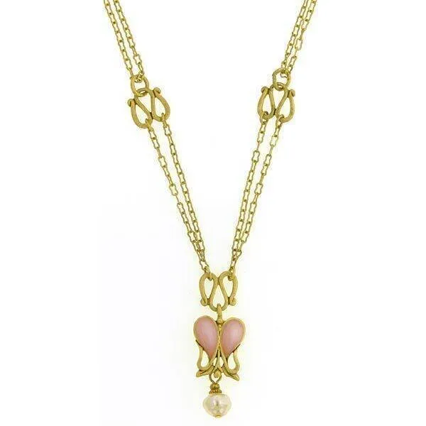 Antiquities Couture Heartbeat Boutique Pink Enamel & Baroque Faux Pearl Pendant Necklace 18" 1928 Jewelry