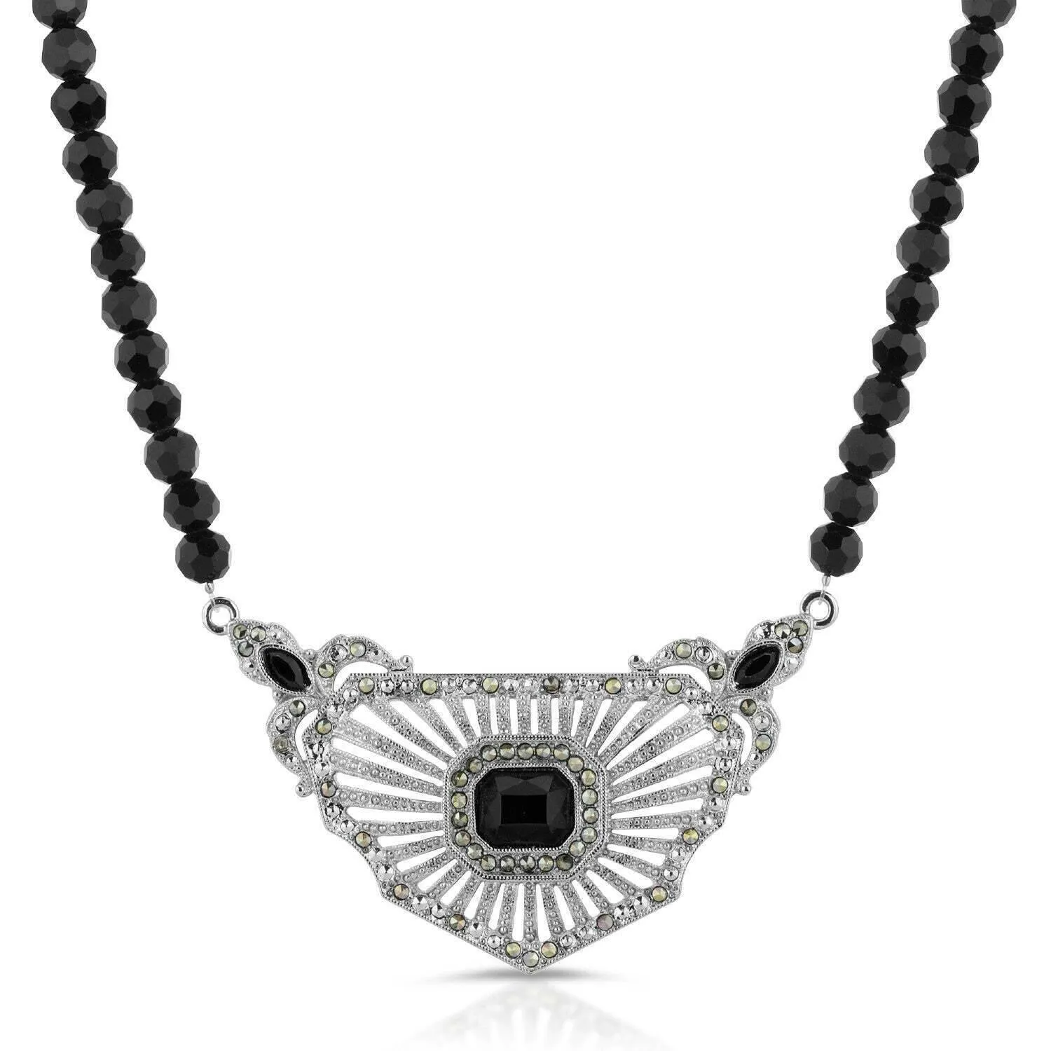 Antiquities Couture Marcasite & Black Stone Collar Beaded Necklace 16"   3" Extender 1928 Jewelry