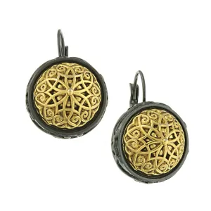 Antiquities Couture Patras Jet Black Gold Button Leverback Earrings 1928 Jewelry