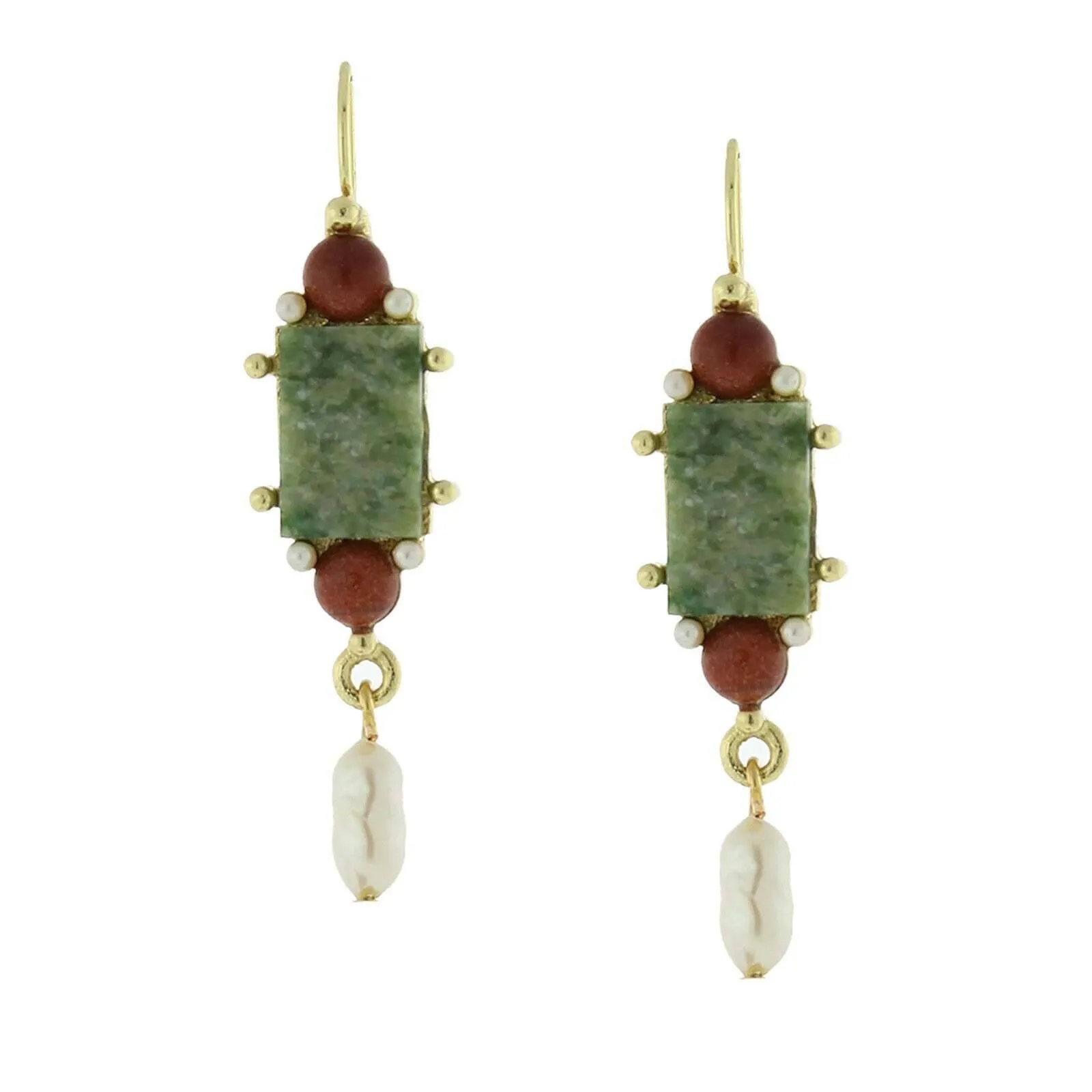 Antiquities Couture Roma Green Aventurine Gemstone Faux Pearl Museum Drop Earrings 1928 Jewelry