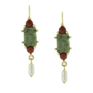 Antiquities Couture Roma Green Aventurine Gemstone Faux Pearl Museum Drop Earrings 1928 Jewelry