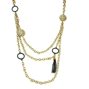 Antiquities Couture Round Black Rings & Gold Pegasus Linking Layered Chain Necklace 30" 1928 Jewelry