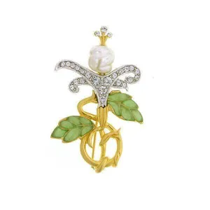 Antiquities Couture Two Tone Crystal Pave With Green Enamel Faux Pearl Pin 1928 Jewelry