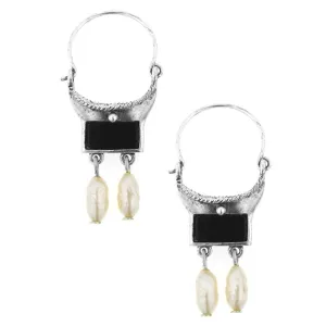 Antiquities Couture Venice Gondola Black Onyx Gemstone And Faux Pearl Hoop Drop Earrings 1928 Jewelry